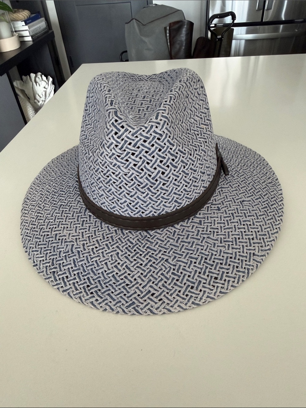 Woven Women's Fedora Hat in Purple blue with Brown Band. Hard structured.